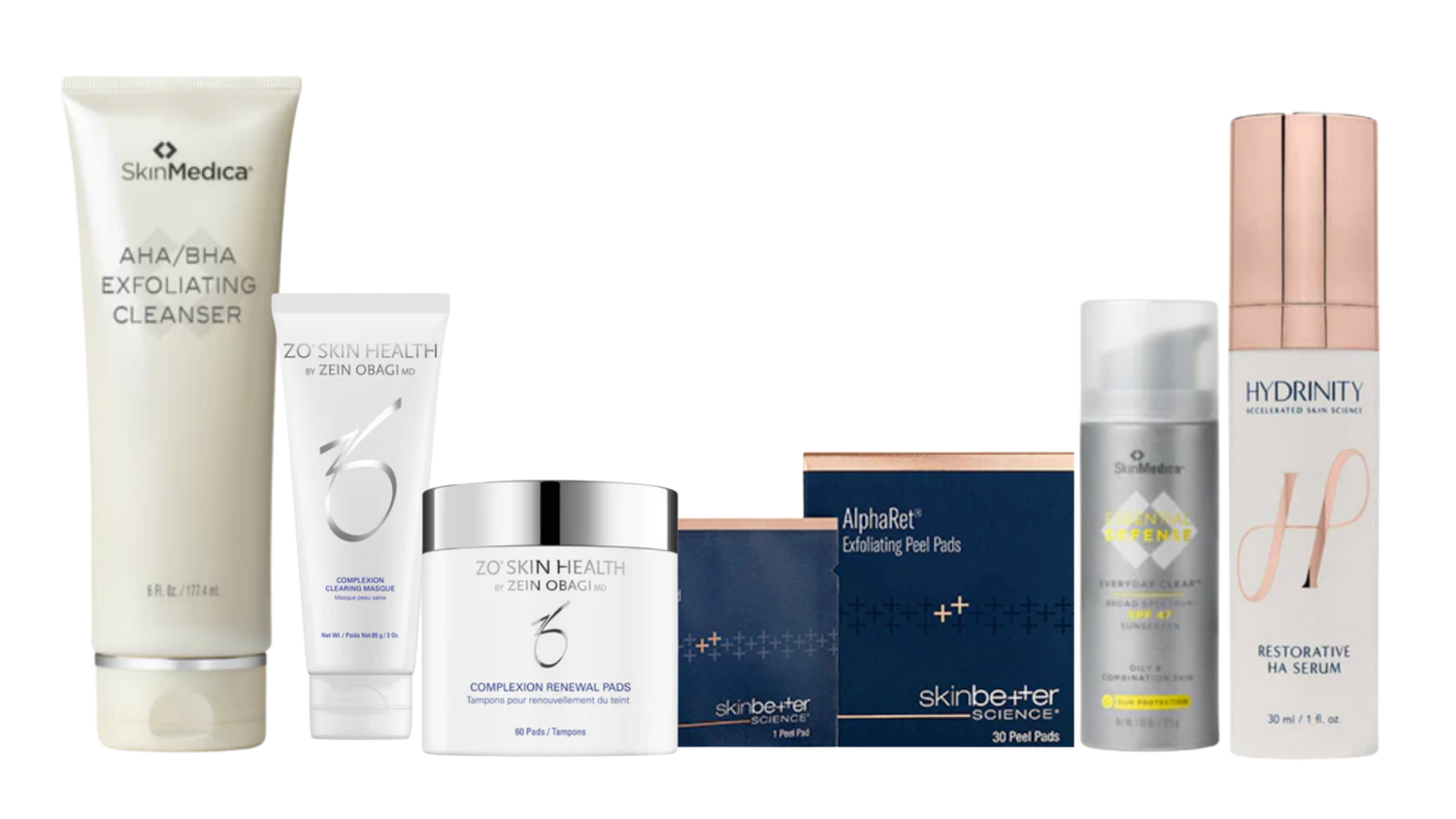 Collection of skincare products from various brands on a white background