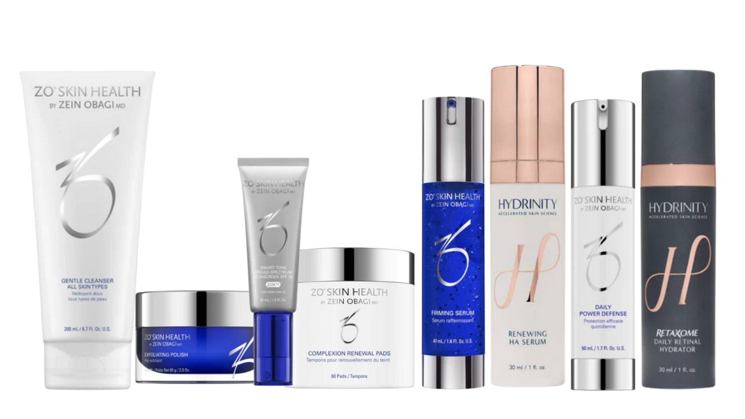 Collection of skincare products from various brands on a white background