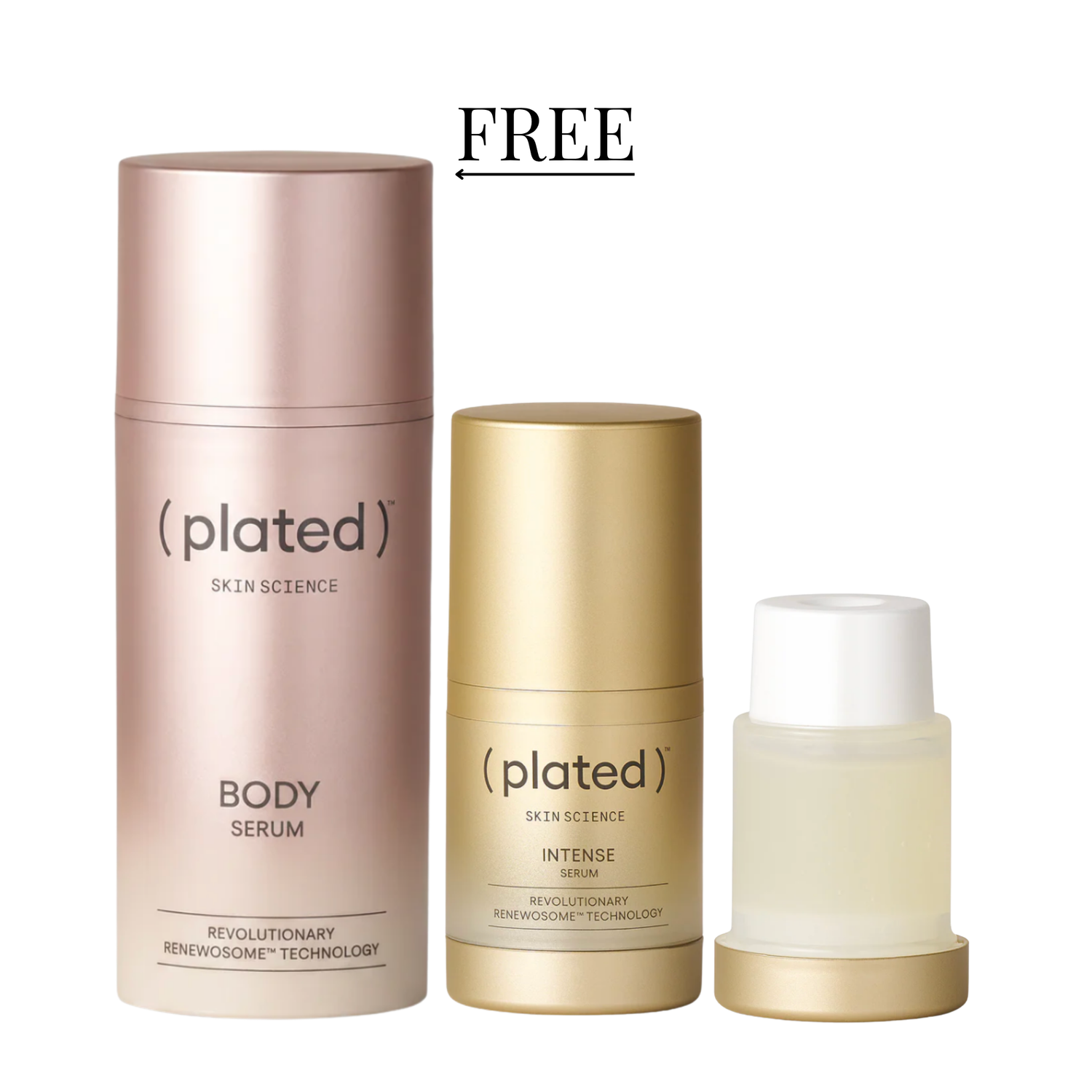 Three skincare products from the brand 'plated' on a white background