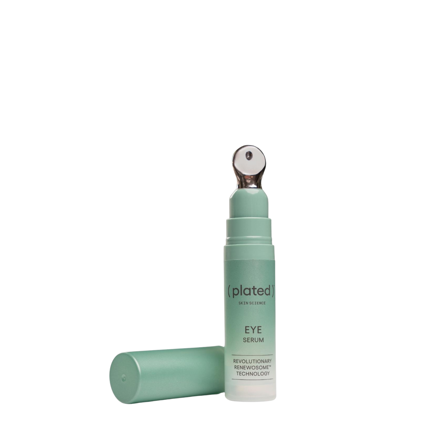 Green eye serum bottle with applicator on a white background- Plated Eye Serum, 0.5 oz / 15 mL