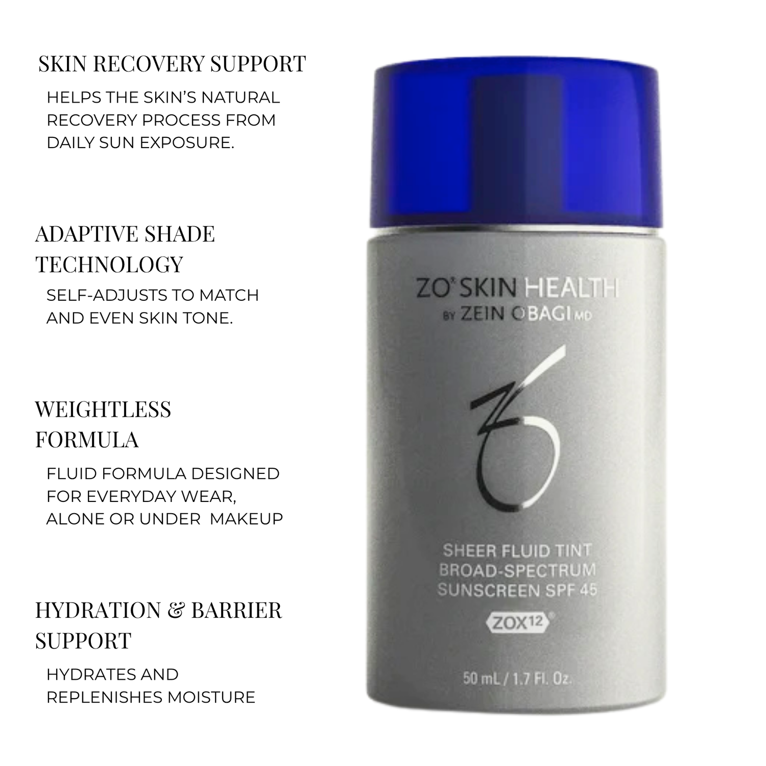 ZO Skin Health sheert fluid tint bottle with product features on a white background