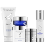 ZO Skin Health Full Size Anti-Aging Skincare Program products — Exfoliating Cleanser, Exfoliating Polish, Complexion Renewal Pads, Daily Power Defense, and Growth Factor Serum — formulated to reduce fine lines, improve skin tone, and promote a youthful complexion, at Awaken Medical Aesthetics