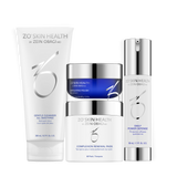 ZO Skin Health Full Size Daily Skincare Program products — Exfoliating Cleanser, Exfoliating Polish, Complexion Renewal Pads, and Daily Power Defense — formulated to improve skin tone, refine pores, and enhance hydration, at Awaken Medical Aesthetics