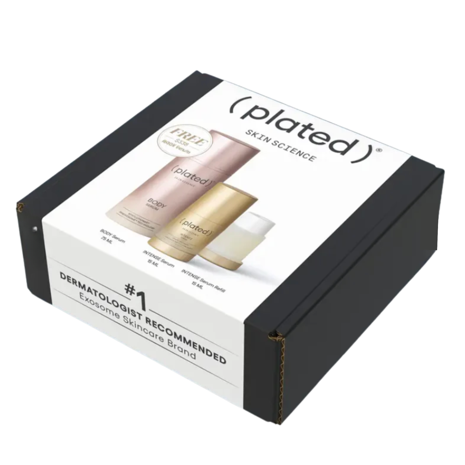 Box of Plated skincare products with branding and product images on a white background- Plated SKin Science Exosome Bundle- Plated Intense, Plated Intense Refill, and Plated Body Serum.
