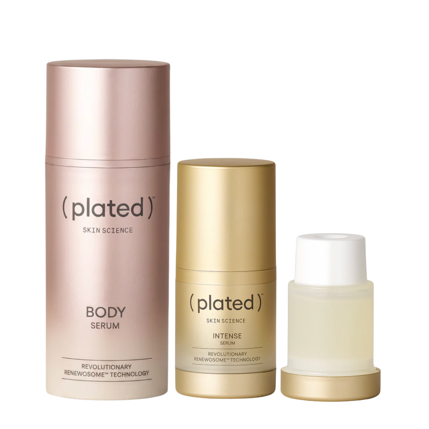 Three skincare products from the brand 'plated' on a white background- Plated Body Serum, Plated Intense Serum, and Plated Intense Serum Refill
