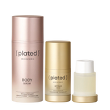 Three skincare products from the brand 'plated' on a white background- Plated Body Serum, Plated Intense Serum, and Plated Intense Serum Refill
