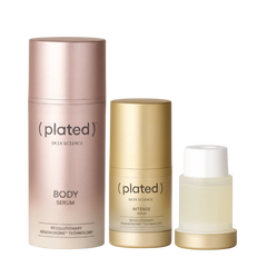 Three skincare products from the brand 'plated' on a white background- Plated Body Serum, Plated Intense Serum, and Plated Intense Serum Refill

