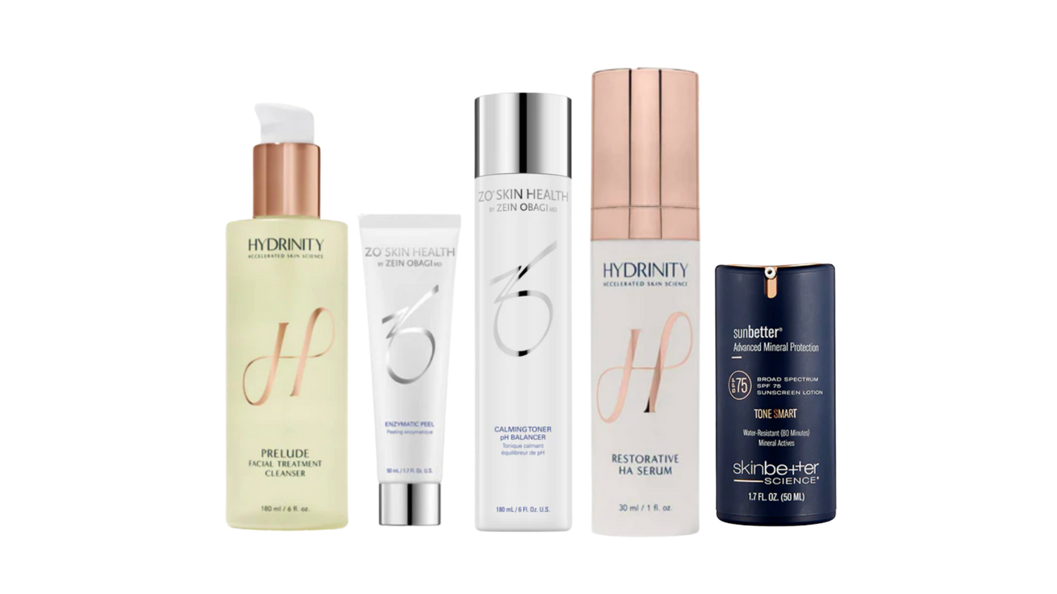 Collection of skincare products from Hydrinity on a white background