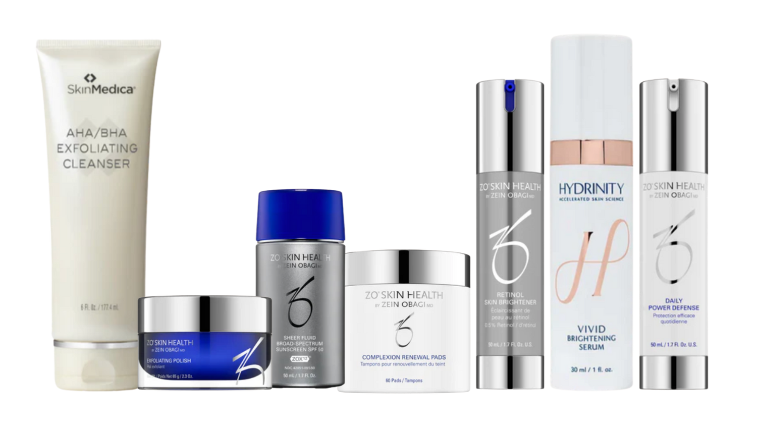 Collection of skincare products from various brands on a white background