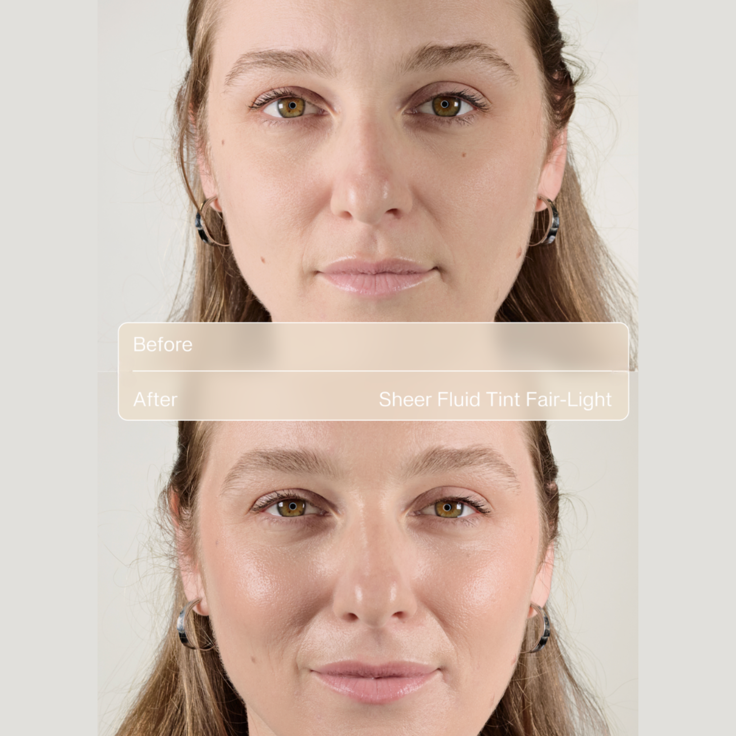 Before and after comparison of a woman's face with 'Sheer Fluid Tint Fair-Light' application.