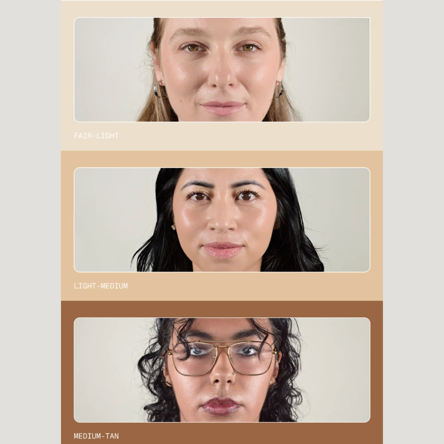 Three different skin tone samples on a gray background