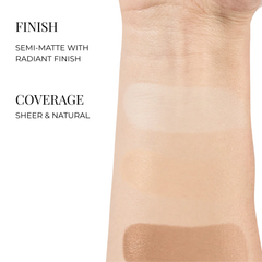 Cosmetic product swatch with text on finish and coverage