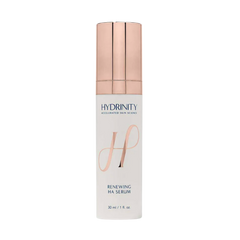 hydrinity renewing HA serum; An anti-aging serum using supercharged hyaluronic acid and peptides to boost moisture, improve elasticity, and enhance radiance. Suitable for skin showing early signs of aging.