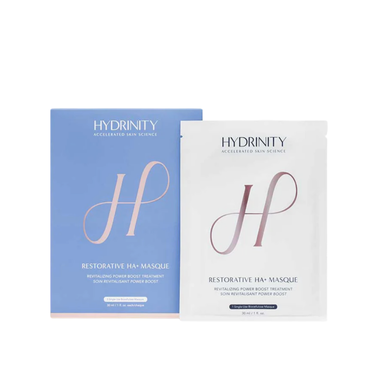 Hydrinity Restorative HA+ Masque, a biocellulose sheet treatment delivering deep hydration and microbiome support