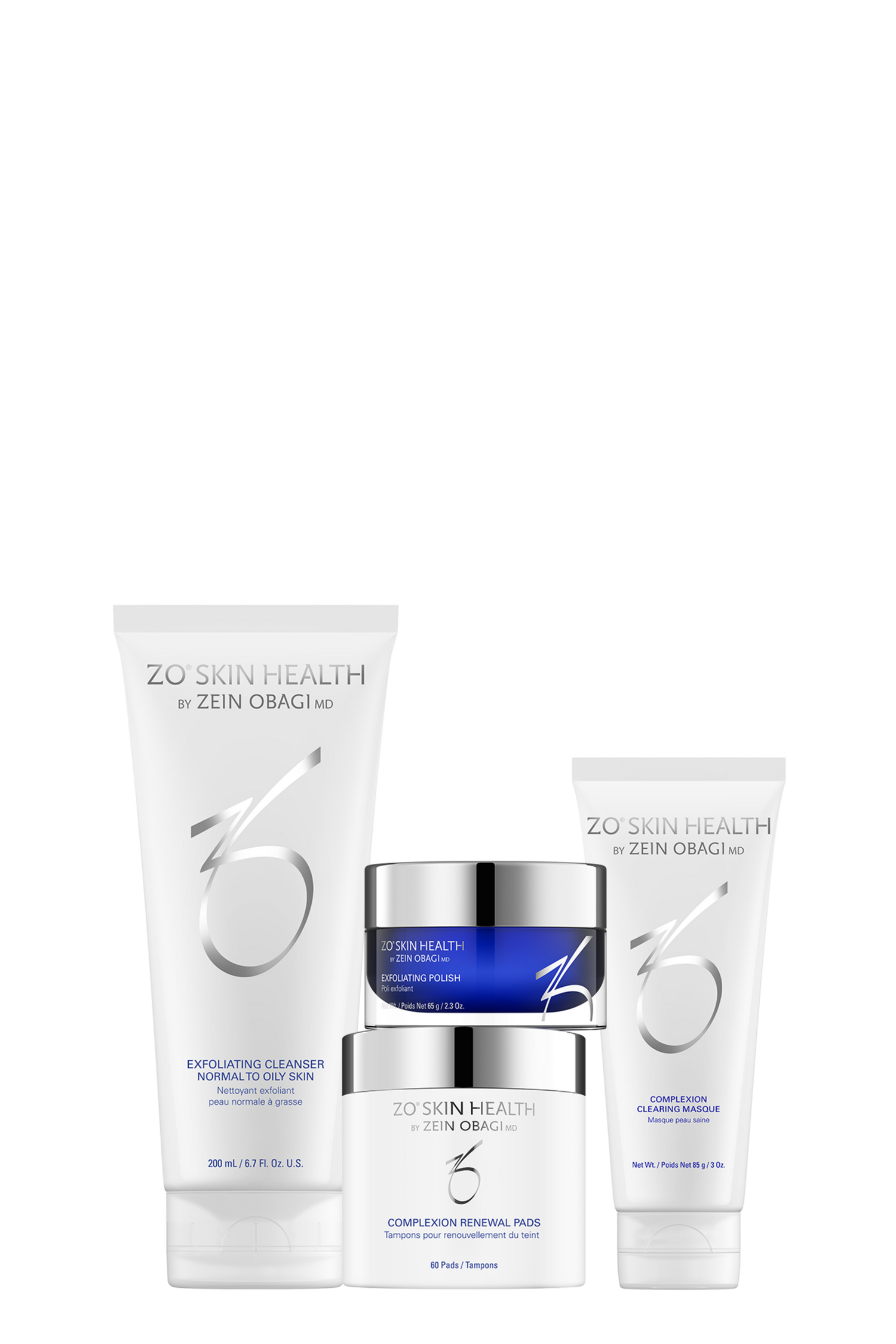 “ZO Skin Health Complexion Clearing Program products — Exfoliating Cleanser, Exfoliating Polish, Complexion Renewal Pads, and Complexion Clearing Masque — formulated to minimize excess oil, unclog pores, and prevent breakouts, at Awaken Medical Aesthetics