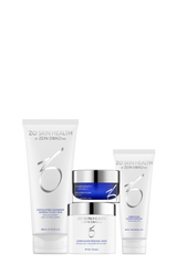 “ZO Skin Health Complexion Clearing Program products — Exfoliating Cleanser, Exfoliating Polish, Complexion Renewal Pads, and Complexion Clearing Masque — formulated to minimize excess oil, unclog pores, and prevent breakouts, at Awaken Medical Aesthetics