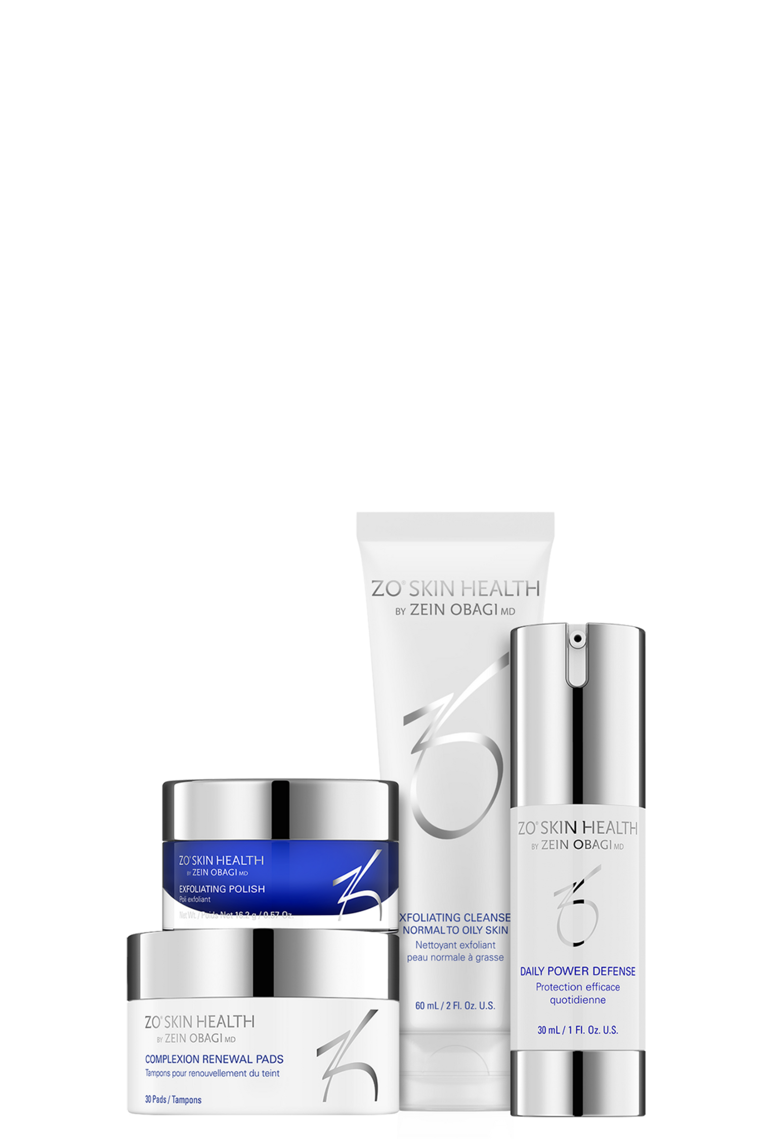 ZO Skin Health Daily Skincare Program Kit contents — Exfoliating Cleanser, Exfoliating Polish, Complexion Renewal Pads, and Daily Power Defense — formulated to improve skin tone, refine pores, and enhance hydration, at Awaken Medical Aesthetics