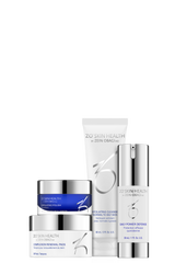 ZO Skin Health Daily Skincare Program Kit contents — Exfoliating Cleanser, Exfoliating Polish, Complexion Renewal Pads, and Daily Power Defense — formulated to improve skin tone, refine pores, and enhance hydration, at Awaken Medical Aesthetics