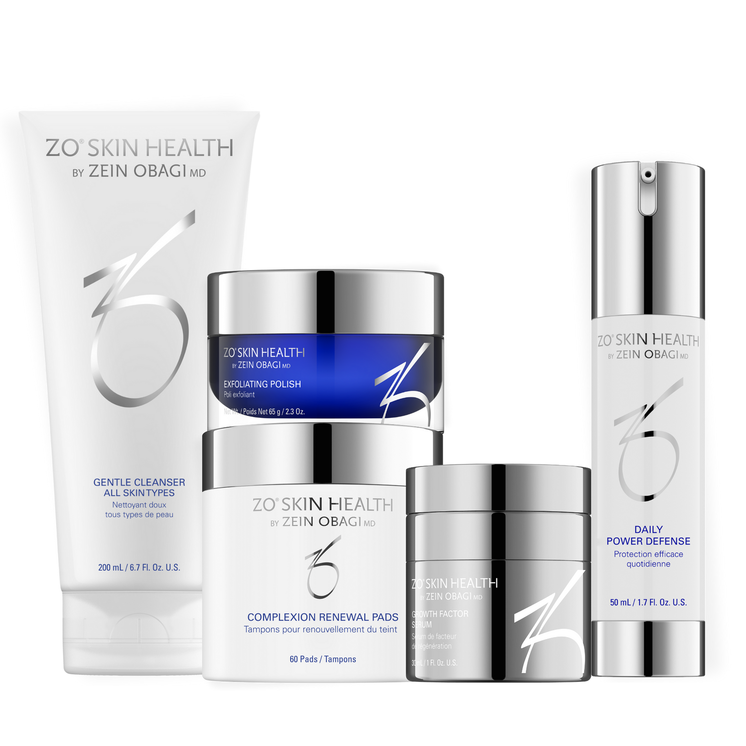 ZO Skin Health Full Size Anti-Aging Skincare Program products — Exfoliating Cleanser, Exfoliating Polish, Complexion Renewal Pads, Daily Power Defense, and Growth Factor Serum — formulated to reduce fine lines, improve skin tone, and promote a youthful complexion, at Awaken Medical Aesthetics