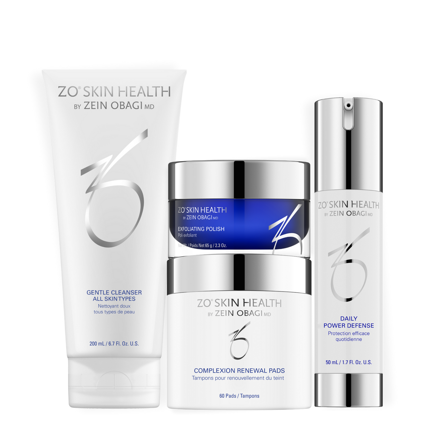 ZO Skin Health Full Size Daily Skincare Program products — Exfoliating Cleanser, Exfoliating Polish, Complexion Renewal Pads, and Daily Power Defense — formulated to improve skin tone, refine pores, and enhance hydration, at Awaken Medical Aesthetics