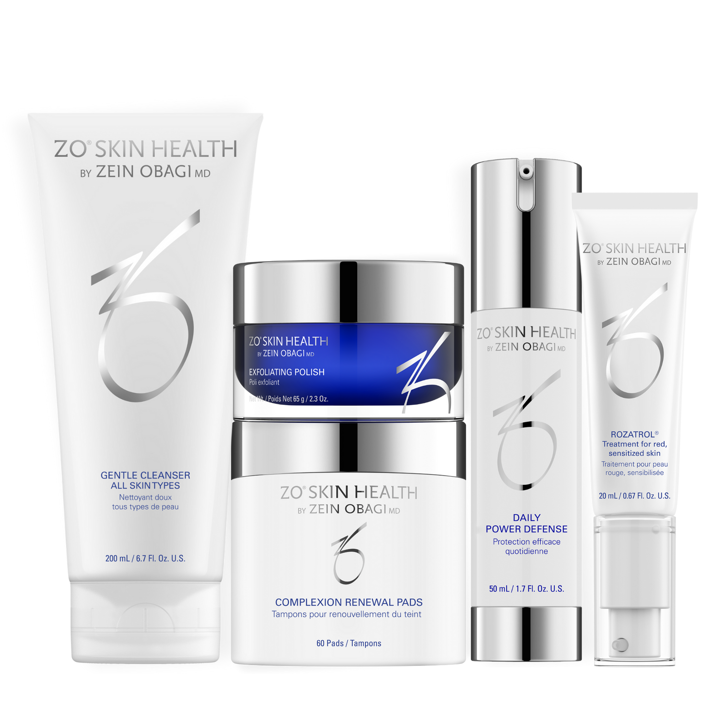 ZO Skin Health Full Size Sensitized Skincare Program — includes Gentle Cleanser, Exfoliating Polish, Complexion Renewal Pads, Daily Power Defense, and Rozatrol®, formulated to soothe and protect red, sensitized skin, available at Awaken Medical Aesthetics